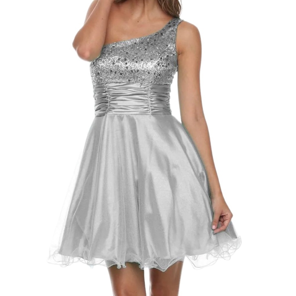 Juliet Silver Metallic Sequined  one Shoulder Mini Prom/Party Dress Size…